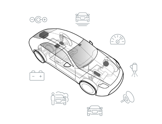 Skizze eines Automobils umrahmt von Icons, die Prozesse in der Automobilindustrie symbolisieren.